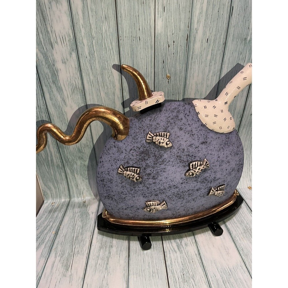 Hage Stoneware Art Studio Pottery Whimsical Teapot Figurine Deco Alice Fish Blue